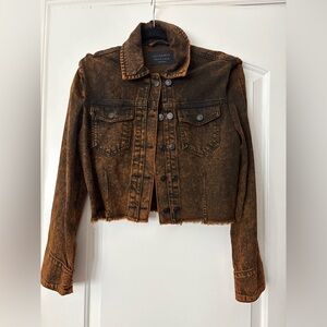 All Saints Pat denim jacket in distressed orange black with frayed hem